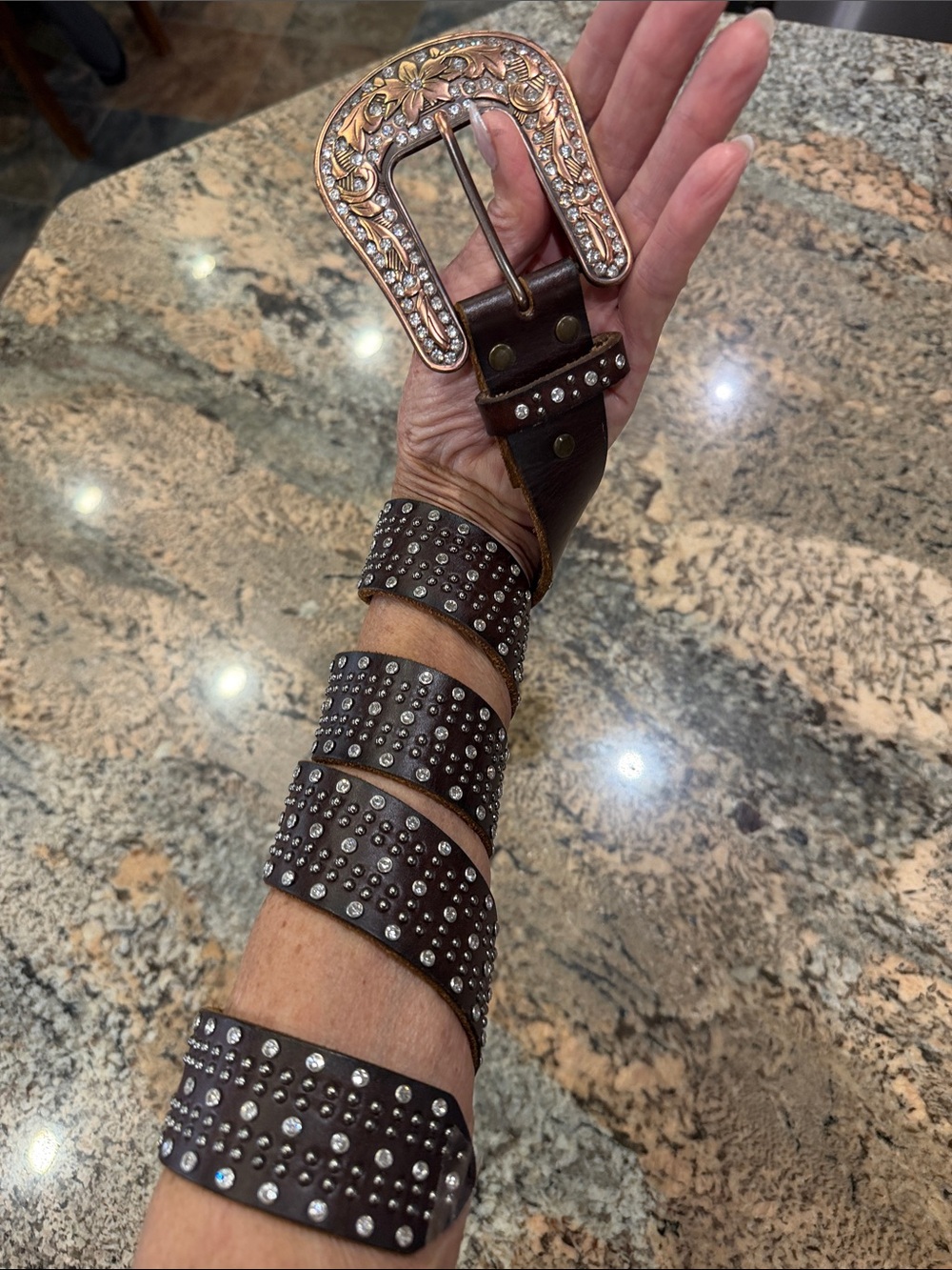 Women's Dark Brown Leather Studded Western Belt with Ornate Buckle